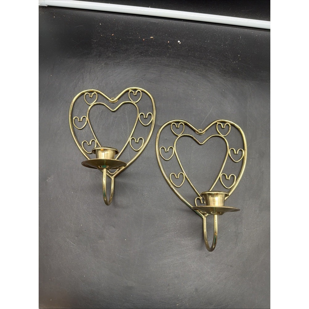 VTG Home Interiors Gold Heart Metal Wall Mounted Sconce Candle Holders Set of 2